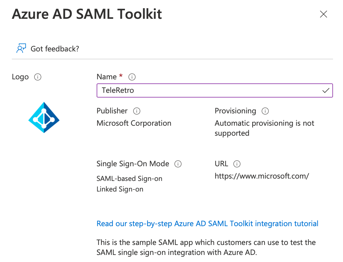 Criar aplicação com Azure AD SAML Toolkit