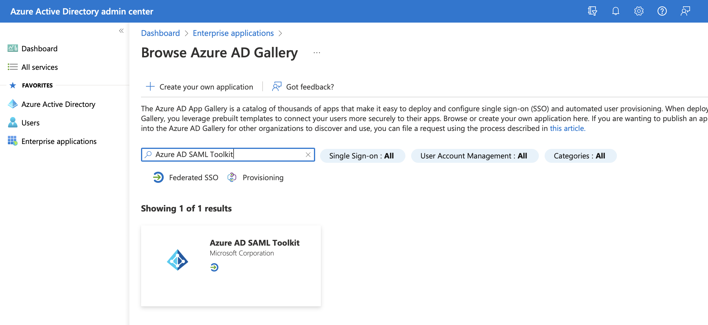 Zoeken naar Azure AD SAML Toolkit
