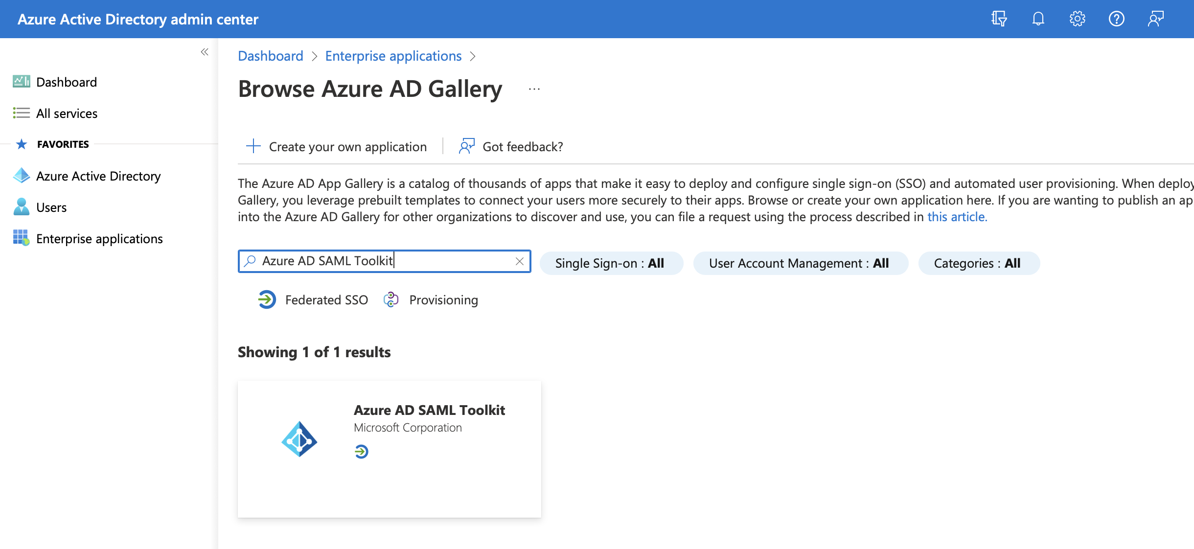 Rechercher Azure AD SAML Toolkit