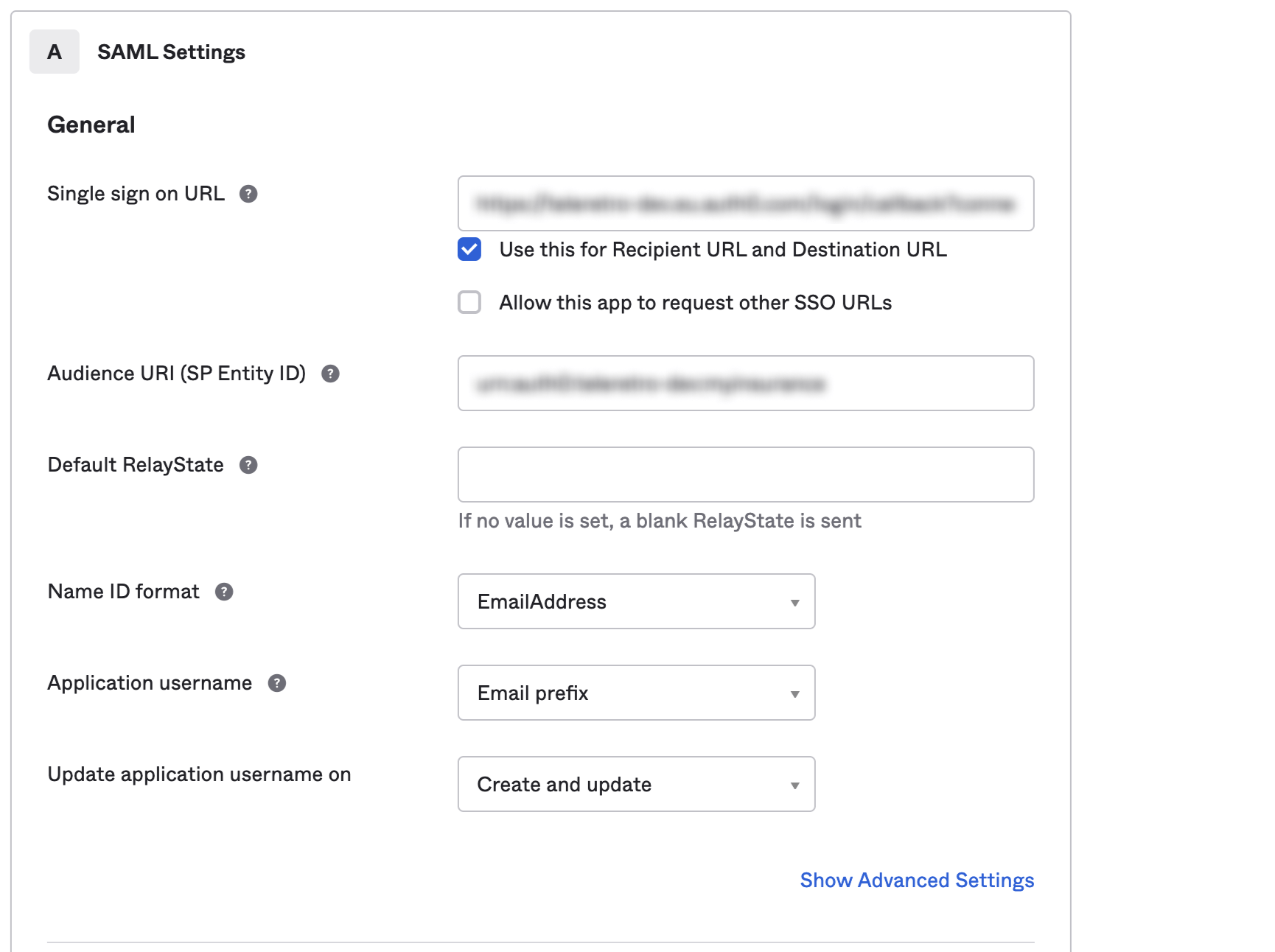 Okta SAML settings example