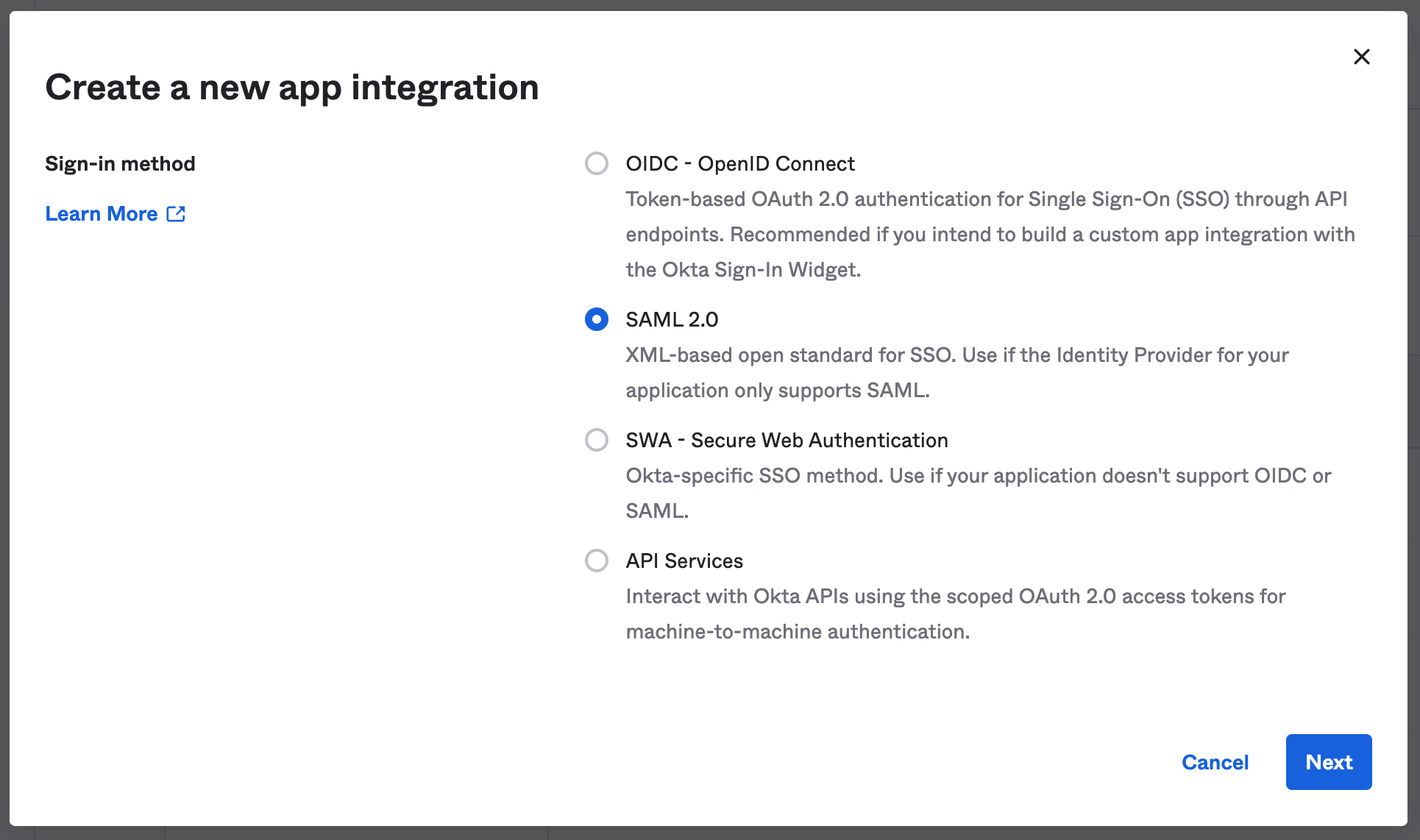 Modal de criação de nova integração de aplicativo no Okta