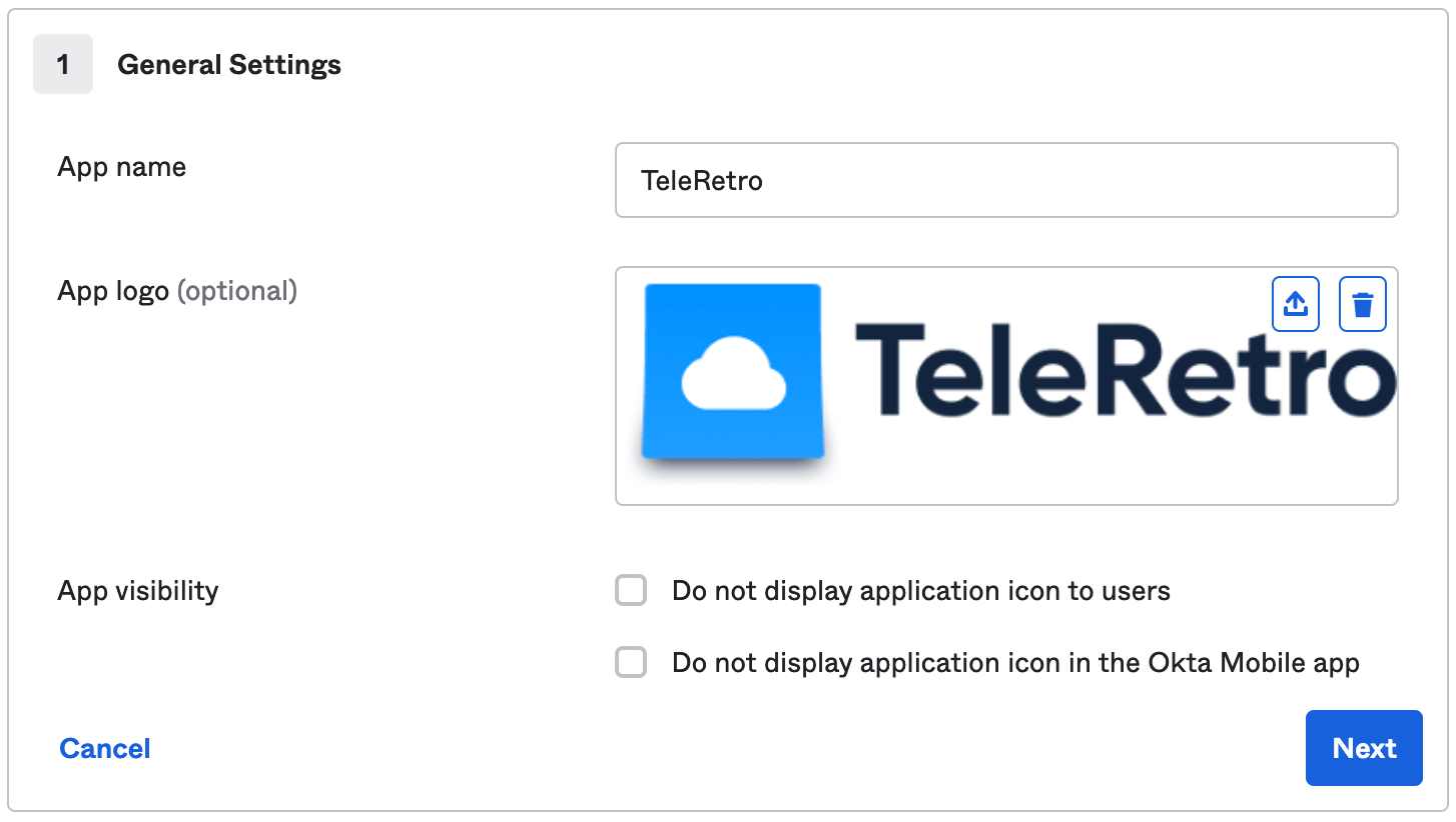 Configuración de integración de Okta con nombre de aplicación y logo de TeleRetro