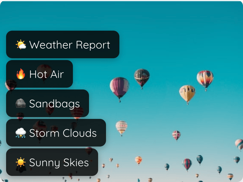 Hot Air Balloon retrospective board with Weather Report, Hot Air, Sandbags, Storm Clouds and Sunny Skies columns
