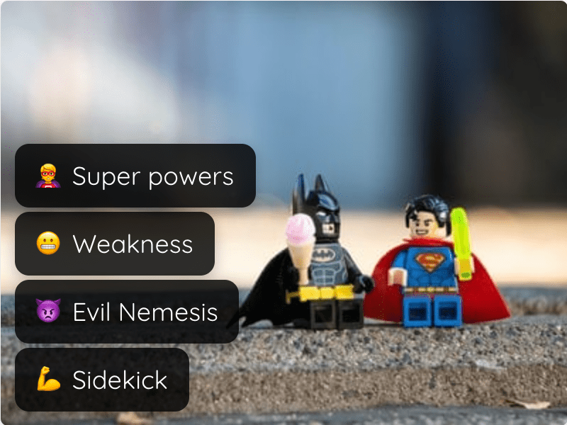 Superhero retrospective board with Super powers, Weakness, Evil Nemesis and Sidekick columns